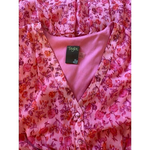Taylor Pink Floral Print Dress 12 V-Neck Button Front Tiered Midi Lined Artsy - Picture 4 of 15